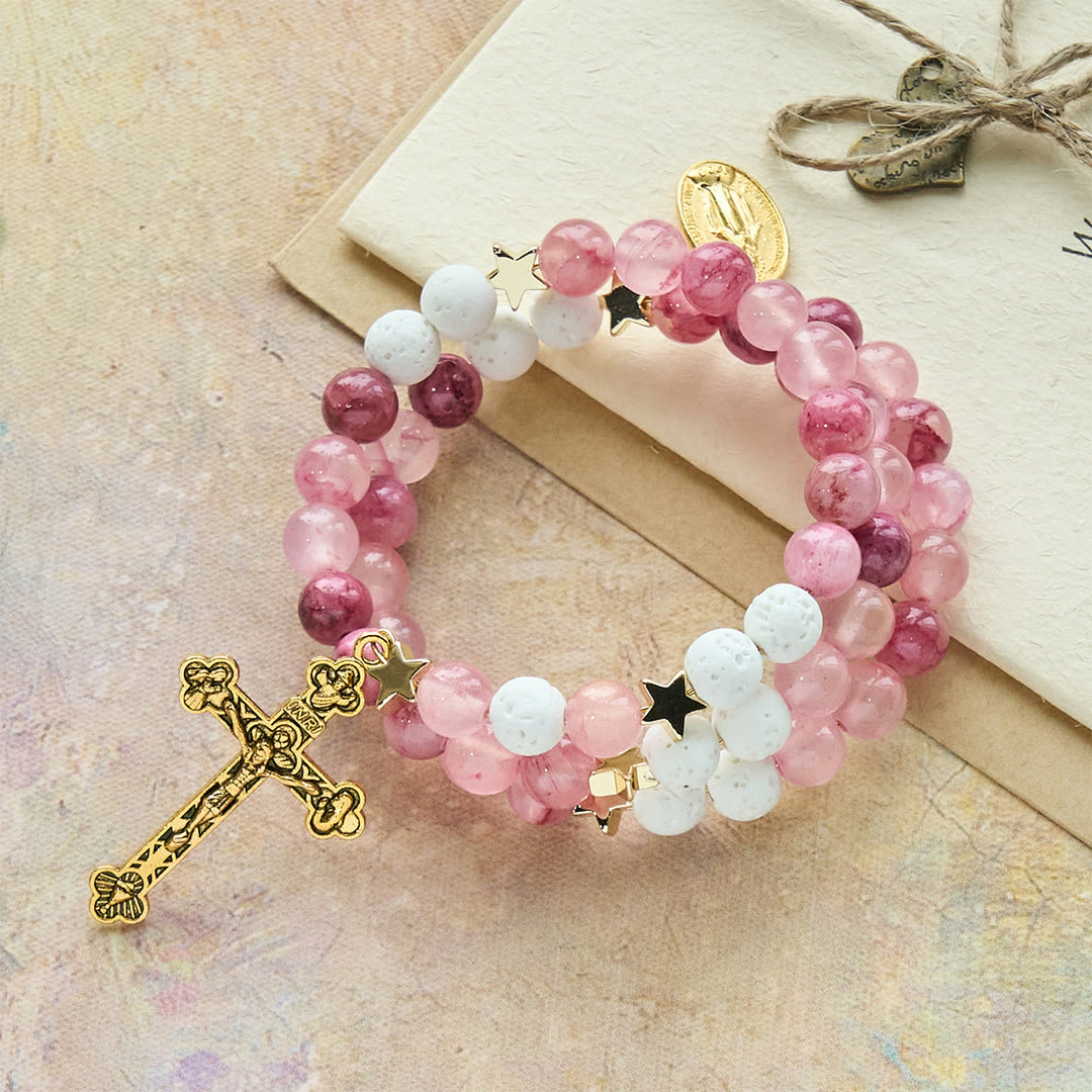 Christianartworkshop Bracelet chapelet en gypse et agate rose rouge : Dévotion et douceur céleste - image 3