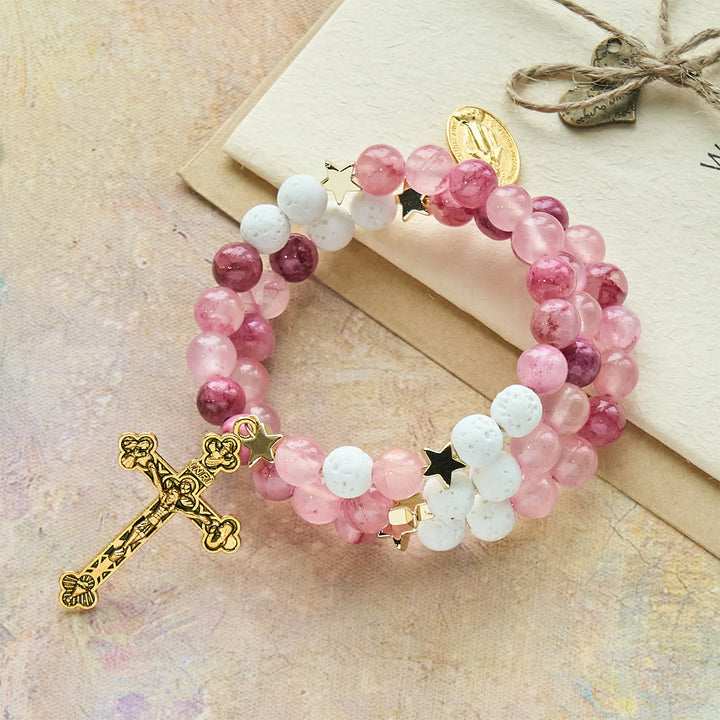 Christianartworkshop Bracelet chapelet en gypse et agate rose rouge : Dévotion et douceur céleste - image 3