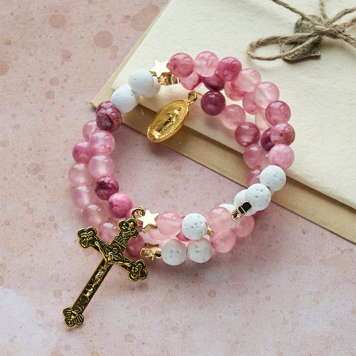 Christianartworkshop Bracelet chapelet en gypse et agate rose rouge : Dévotion et douceur céleste - image 2