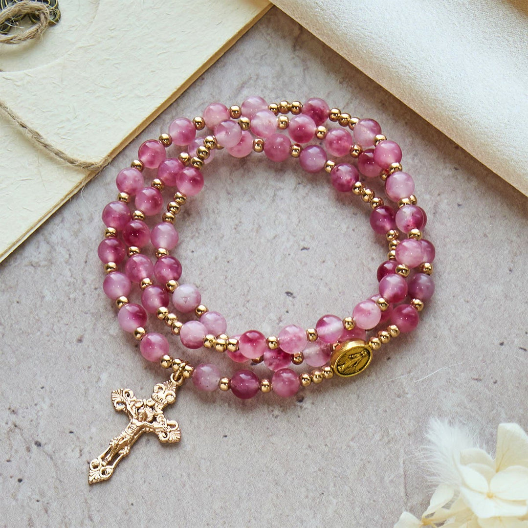 Christianartworkshop Bracelet chapelet en perles d'agate rose rouge : Dévotion et élégance céleste - Chapelet et bracelet en agate rose rouge - image 0