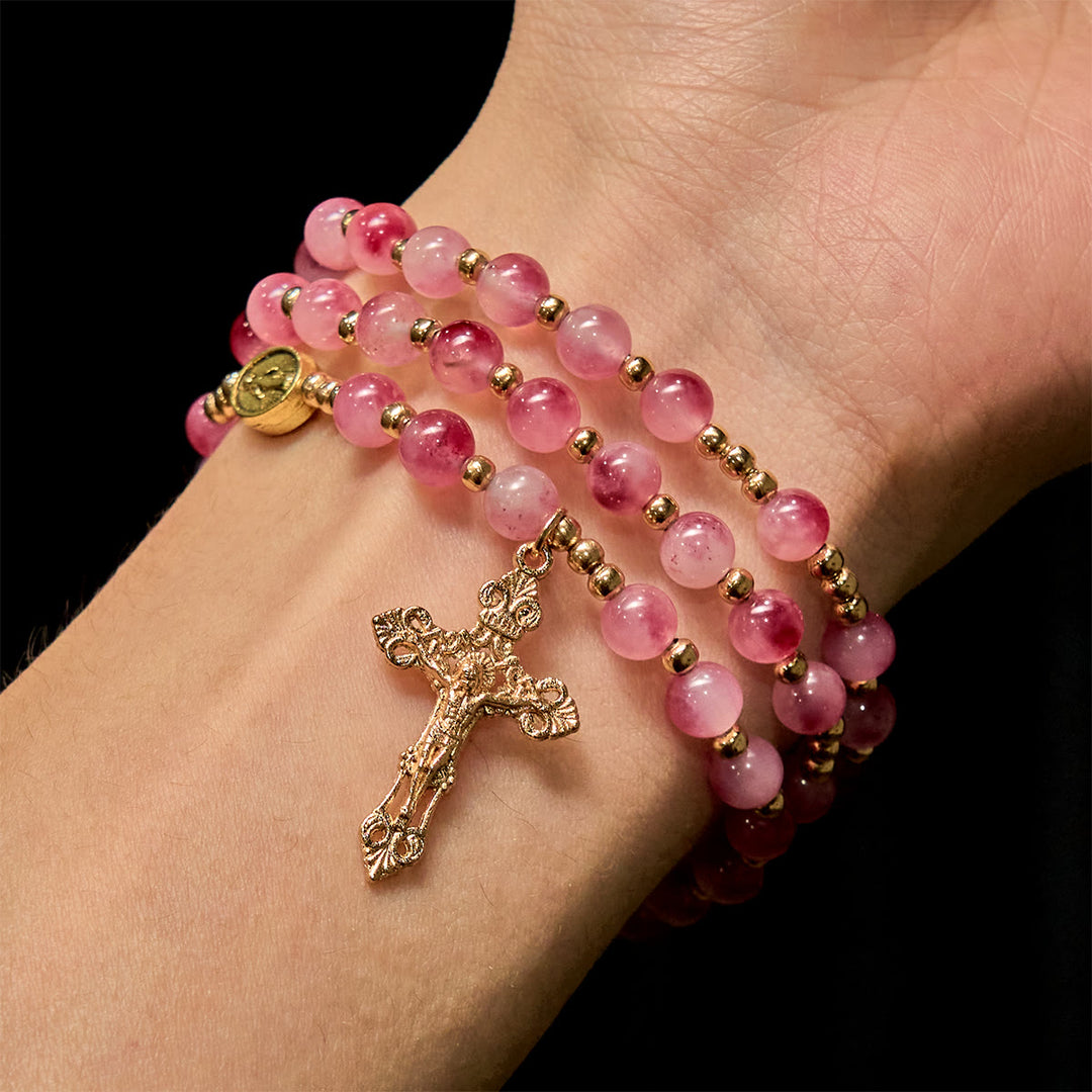Christianartworkshop Bracelet chapelet en perles d'agate rose rouge : Dévotion et élégance céleste - image 2