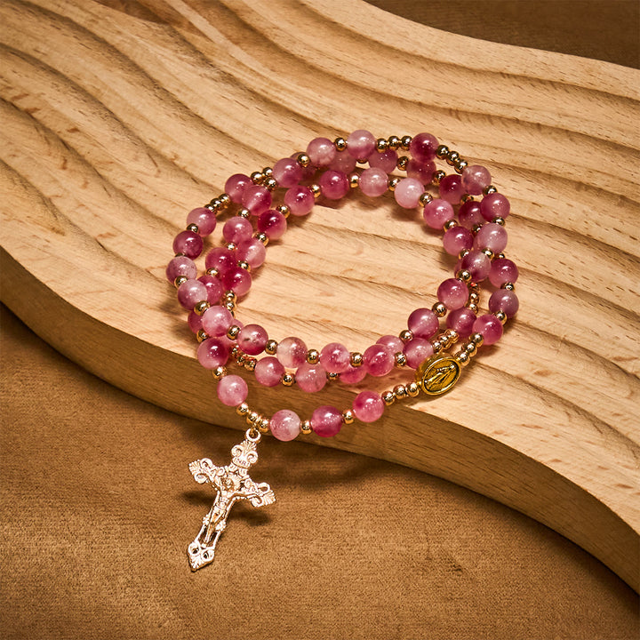 Christianartworkshop Bracelet chapelet en perles d'agate rose rouge : Dévotion et élégance céleste - image 3