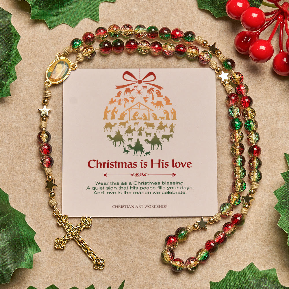 Christianartworkshop Cadeau de Noël : Chapelet de Noël en perles de verre : Médaille Notre-Dame de Guadalupe et crucifix doré - Noël est son amour - image 2