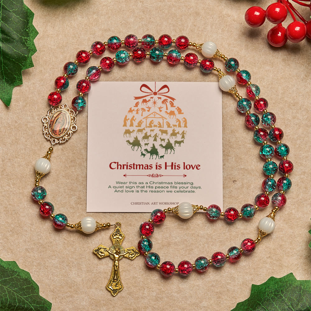 Christianartworkshop Cadeau de Noël : Chapelet de Noël en perles de verre rouges et bleues : Médaille de Notre-Dame et croix ornée - Noël est son amour - image 0
