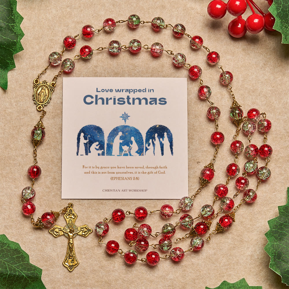 Christianartworkshop Cadeau de Noël : Chapelet de Noël à perles rouges avec crucifix doré et médaille de la Vierge - L'amour enveloppé dans Noël - image 1