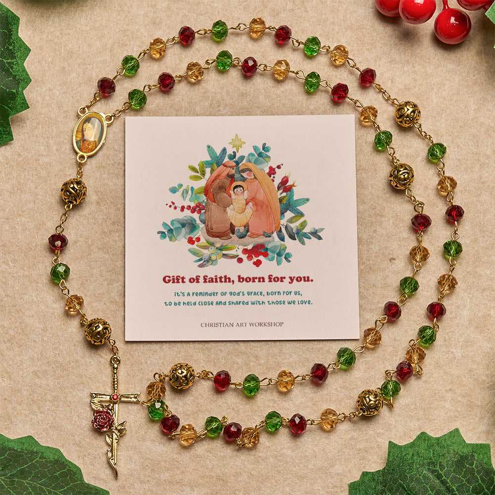 Christianartworkshop Cadeau de Noël : Chapelet de Noël vintage à perles facettées rouges et vertes avec crucifix de la Vierge et de la rose - Don de la foi né pour toi - image 0