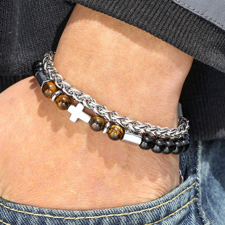 Bracelet œil de tigre et onyx noir de Christianartworkshop : Identité fondée sur la foi et dévotion intemporelle - image 1