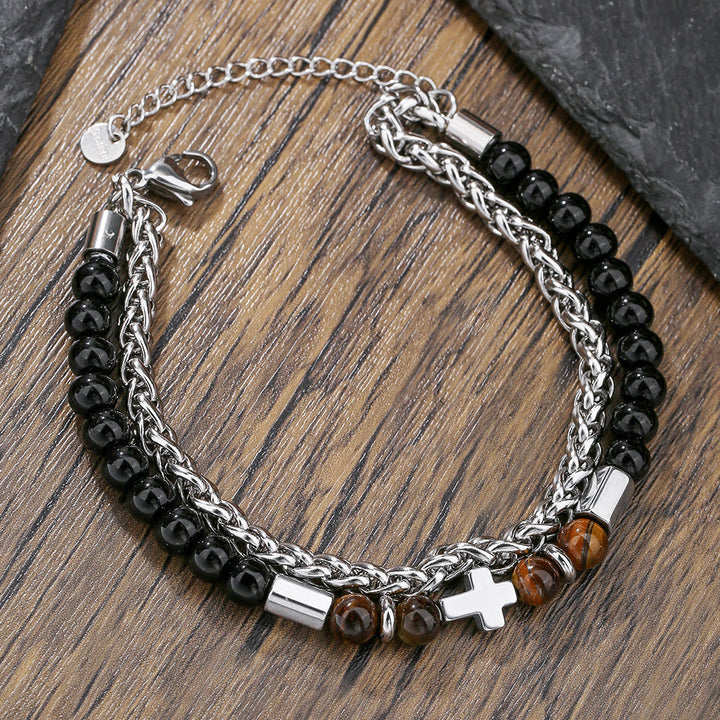 Bracelet œil de tigre et onyx noir de Christianartworkshop : Identité fondée sur la foi et dévotion intemporelle - Tour de poignet : 7,87''-9,84''/20-25 cm - image 0