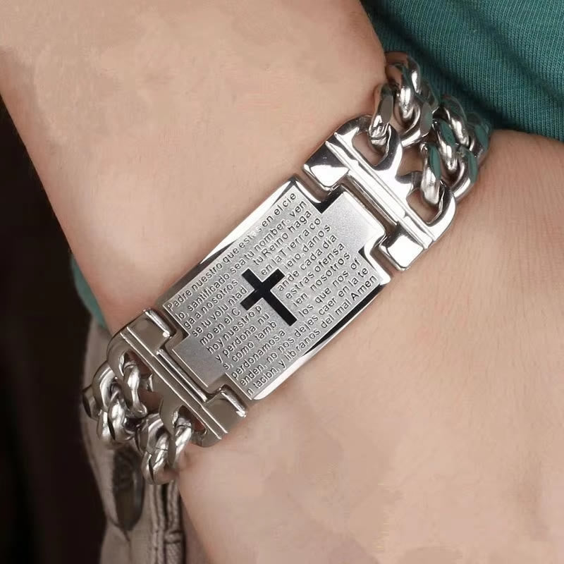 Christianartworkshop Bracelet Croix et Prière : Texte Sacré et Mode Audacieuse - Argent (Prière espagnole) - image 0