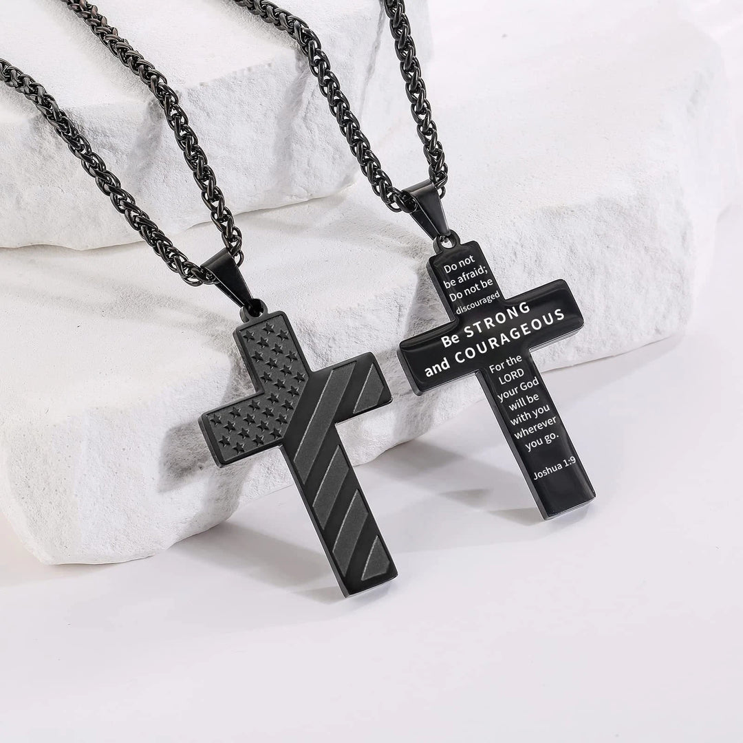 Collier croix tricolore Christianartworkshop avec drapeau américain et verset biblique : une expression patriotique - Noir - Josué 1:9 - image 0