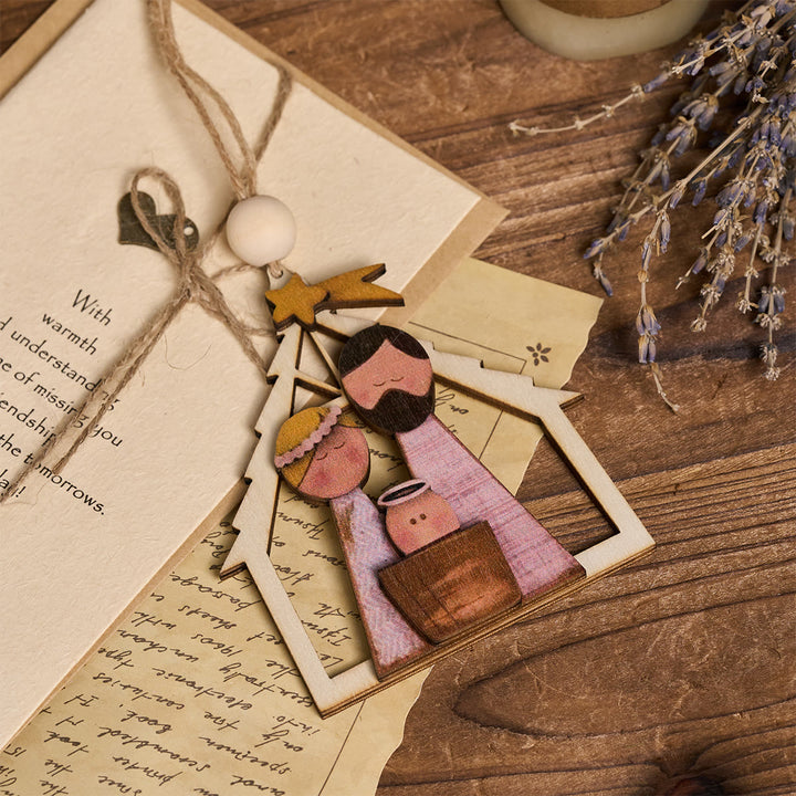 Christianartworkshop Ornements suspendus en bois 3D représentant la Sainte Famille : Foi et esprit de Noël fantaisiste - image 4