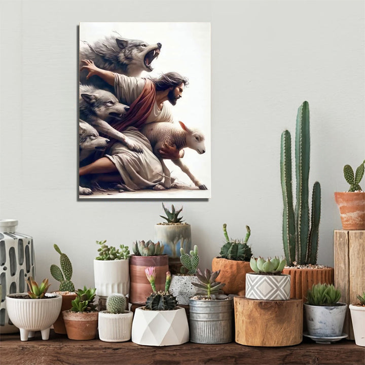 Christianartworkshop Affiche murale du Bon Berger : Protection divine et dévotion fidèle - Tableau sur toile encadré - 11,81 po × 15,75 po × 0,71 po / 30 × 40 × 1,8 cm - image 0