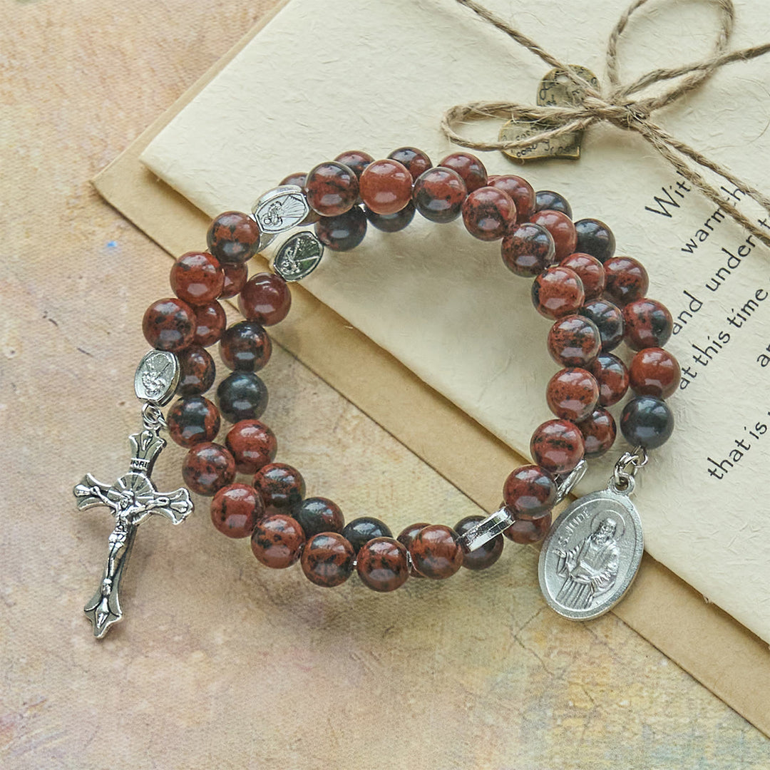 Christianartworkshop Bracelet chapelet en acajou naturel et obsidienne, fil mémoire, avec Jésus - image 4