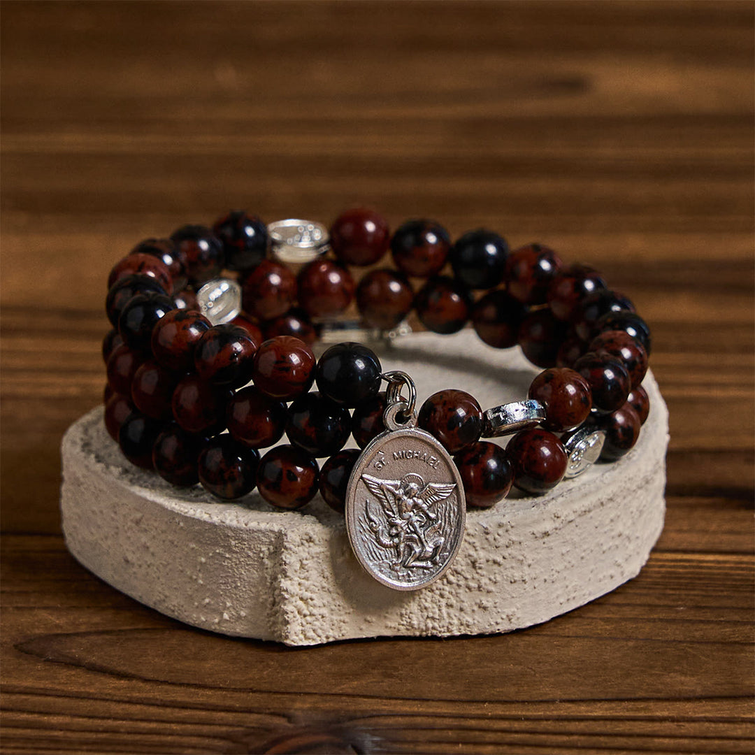 Christianartworkshop Bracelet chapelet en acajou naturel et obsidienne, fil mémoire, avec Jésus - image 5