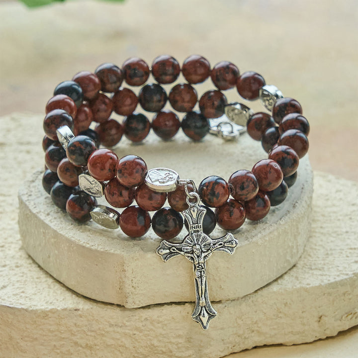 Christianartworkshop Bracelet chapelet en acajou naturel et obsidienne, fil mémoire, avec Jésus - image 2