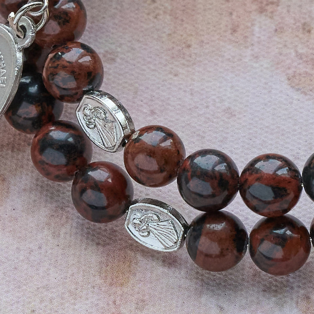 Christianartworkshop Bracelet chapelet en acajou naturel et obsidienne, fil mémoire, avec Jésus - image 6