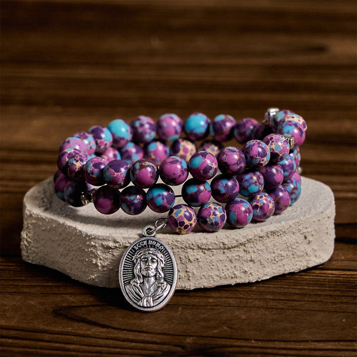 Christianartworkshop Bracelet chapelet en fil mémoire de jaspe impérial violet avec crucifix en émail - image 6