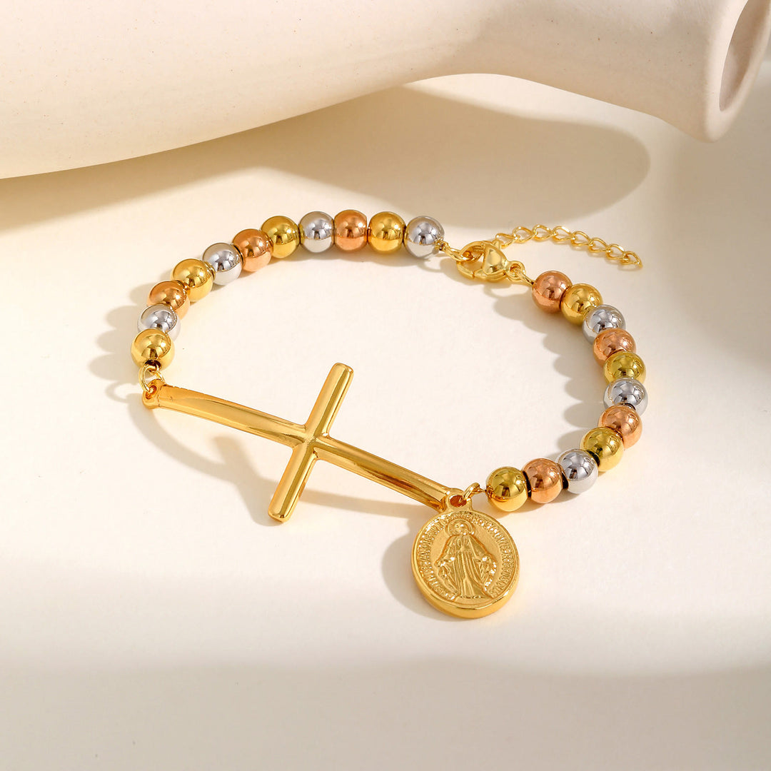 Bracelet perlé Croix et Notre-Dame de Christianartworkshop : Symbole spirituel d'une élégance raffinée - Or et argent - image 0