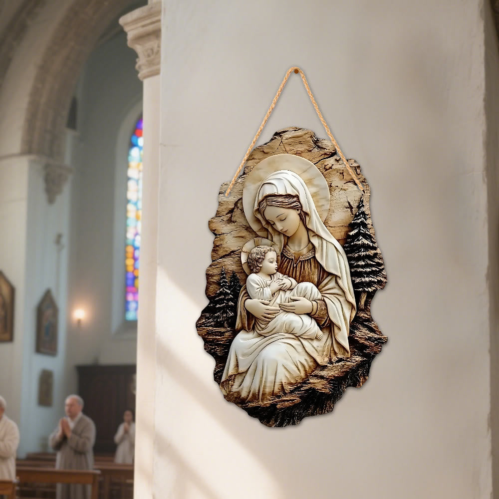 Christianartworkshop Décoration murale plate en bois de pin représentant la Vierge à l'Enfant et le Bon Pasteur - image 7