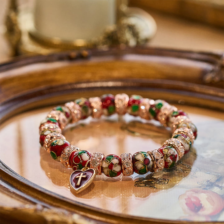 Christianartworkshop Bracelet artisanal en perles rouges émaillées avec pendentif croix en forme de cœur - image 2
