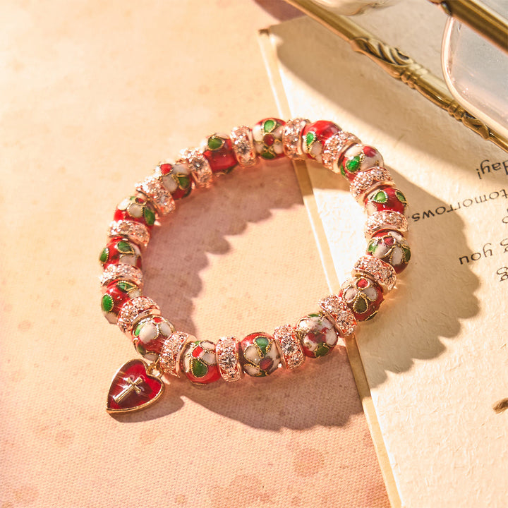 Christianartworkshop Bracelet artisanal en perles rouges émaillées avec pendentif croix en forme de cœur - image 5