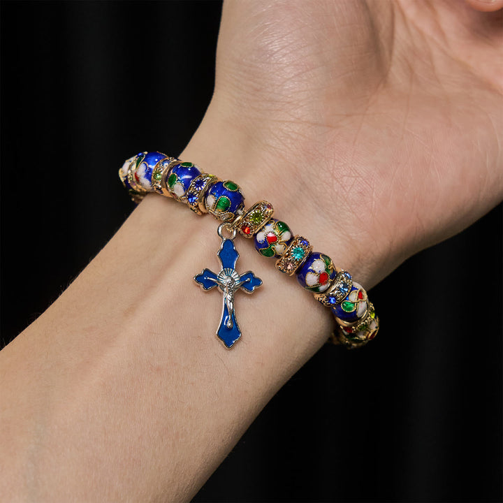 Christianartworkshop Bracelet en perles cloisonnées bleues détaillées avec crucifix - image 1