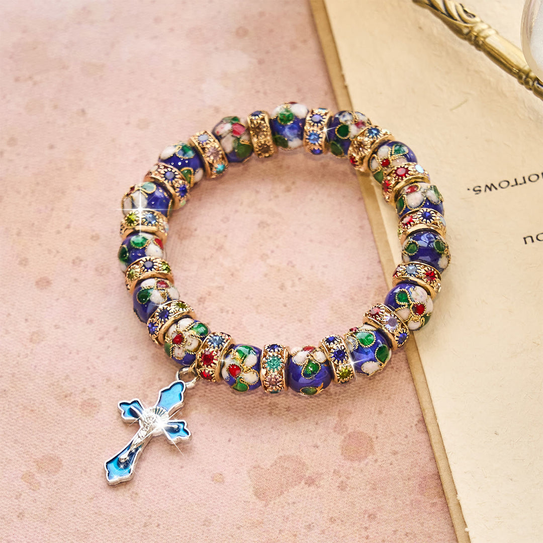 Christianartworkshop Bracelet en perles cloisonnées bleues détaillées avec crucifix - Tour de poignet : 8,86"/22,5 cm - image 0