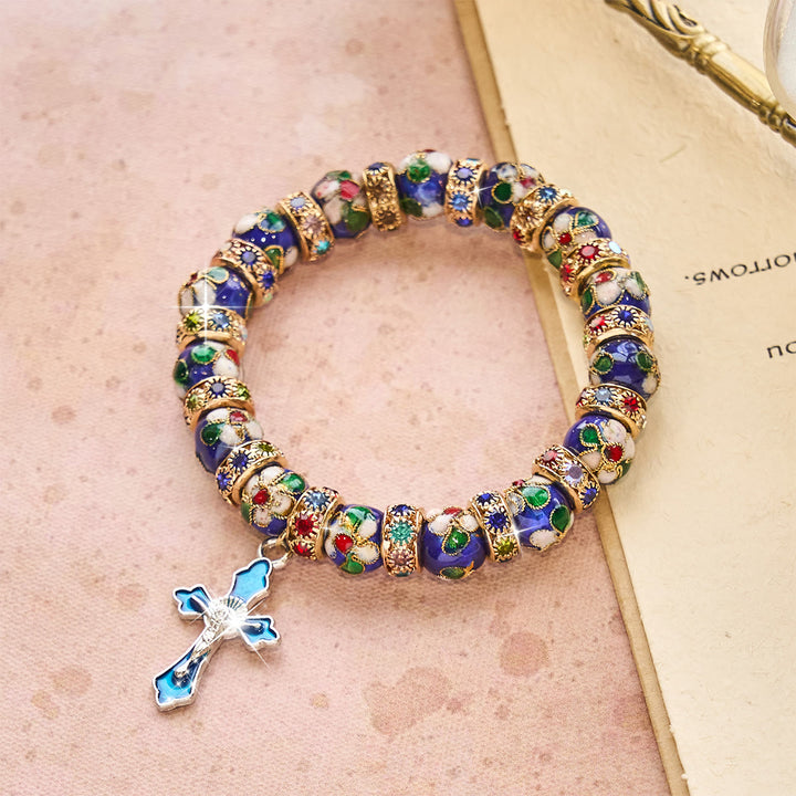 Christianartworkshop Bracelet en perles cloisonnées bleues détaillées avec crucifix - Tour de poignet : 8,86"/22,5 cm - image 0