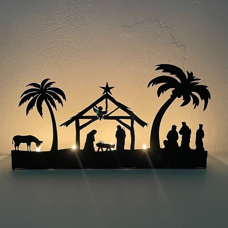 Christianartworkshop Porte-bougie en fer forgé représentant une crèche lumineuse et une décoration de Noël : - Bougeoir en métal-2 - image 1