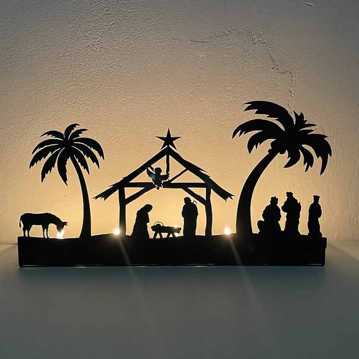 Christianartworkshop Porte-bougie en fer forgé représentant une crèche lumineuse et une décoration de Noël : - Bougeoir en métal-2 - image 1