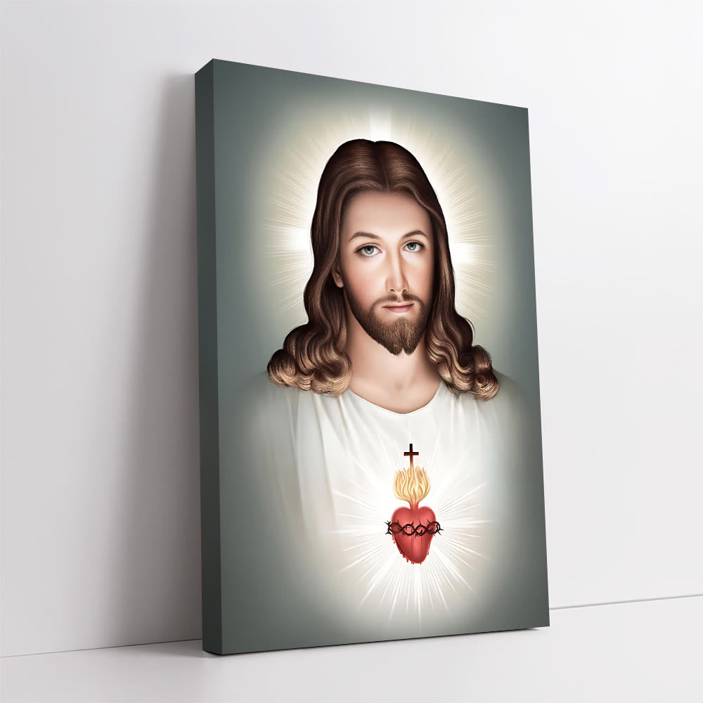Christianartworkshop Décoration murale « Jésus au Sacré-Cœur » : une foi douce pour la décoration intérieure - Tableau sur toile encadré - 13,77 po * 19,58 po * 0,7 po / 35 * 50 * 1,8 cm - image 0