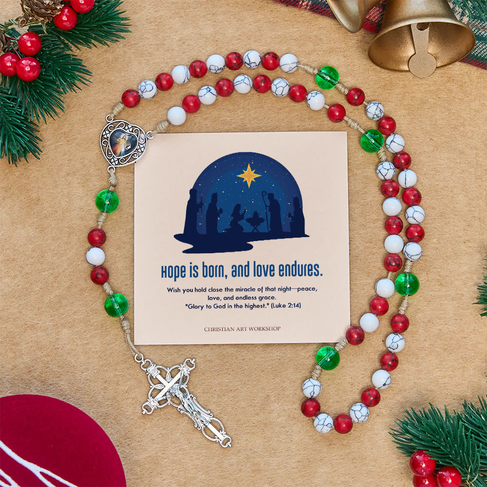 Christianartworkshop Cadeau de Noël : Chapelet de Noël en perles aux couleurs de la canne de Noël avec la Miséricorde Divine et la Vierge Marie : Célébrez la Nativité - L'espoir naît - image 0
