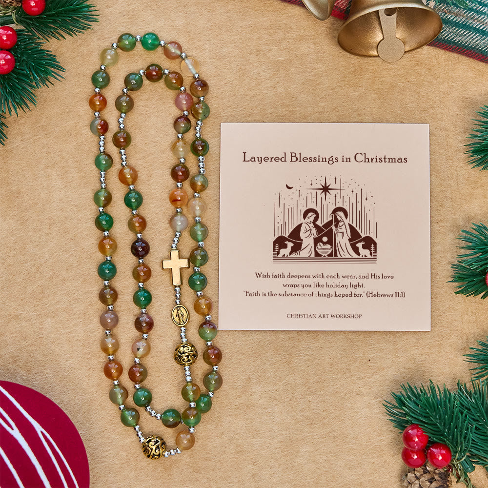 Christianartworkshop Cadeau de Noël : Bracelet chapelet de Noël en malachite à plusieurs rangs avec croix et médaille - Bénédictions multiples à Noël - image 0