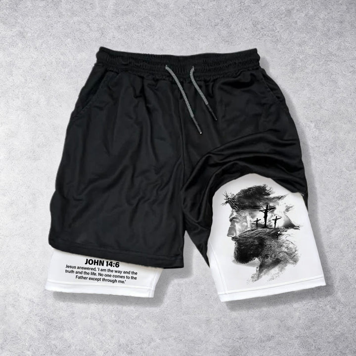 Christianartworkshop Short de sport Jean 14:6 avec motif Jésus et croix : Portez-le chaque jour pour exprimer votre dévotion. - US/UK/AU40, EU54 - image 0