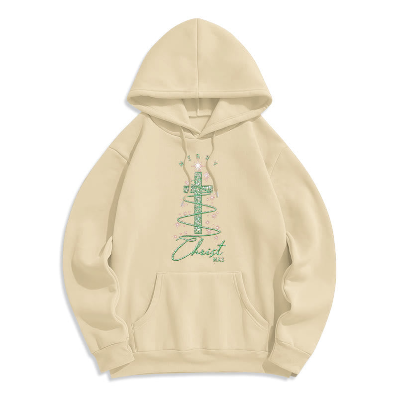 Christianartworkshop Sweat à capuche en polyester doublé polaire avec motif sapin de Noël scintillant en forme de croix - Beige - 2XL - image 5