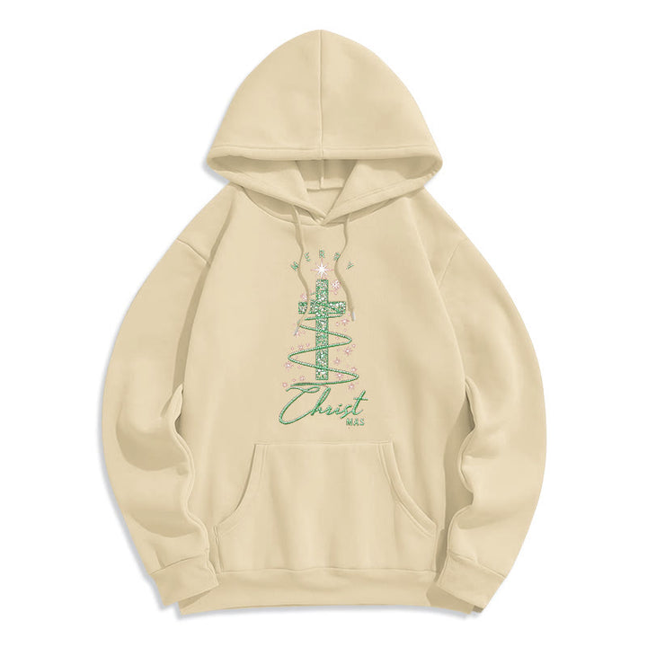Christianartworkshop Sweat à capuche en polyester doublé polaire avec motif sapin de Noël scintillant en forme de croix - Beige - 2XL - image 5