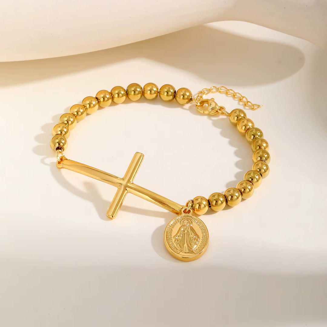 Bracelet perlé Croix et Notre-Dame de Christianartworkshop : Symbole spirituel d'une élégance raffinée - Doré - image 3