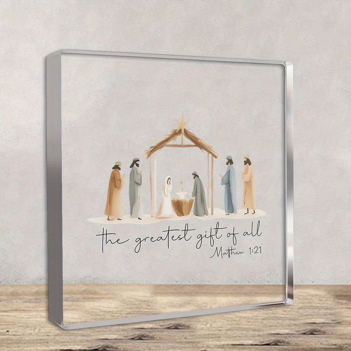 Christianartworkshop Ornement transparent en acrylique « Le plus beau cadeau » : Crèche et verset biblique pour décoration de bureau - Nativité - image 0