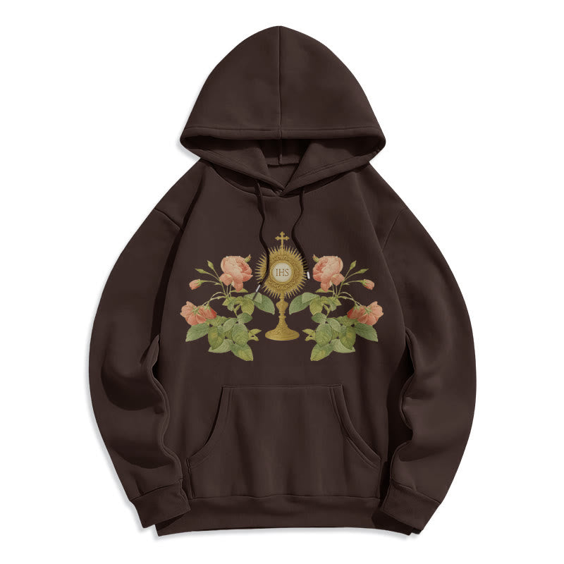 Christianartworkshop Sweat à capuche en polyester doublé polaire avec motif IHS & Rose - Brun - 2XL - image 6