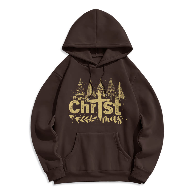 Christianartworkshop Sweat à capuche en polyester doublé polaire avec croix et sapin de Noël - Brun - 2XL - image 6