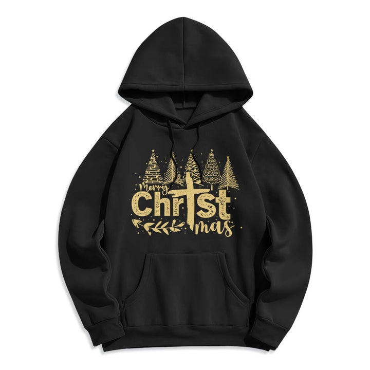 Christianartworkshop Sweat à capuche en polyester doublé polaire avec croix et sapin de Noël - Noir - 2XL - image 7