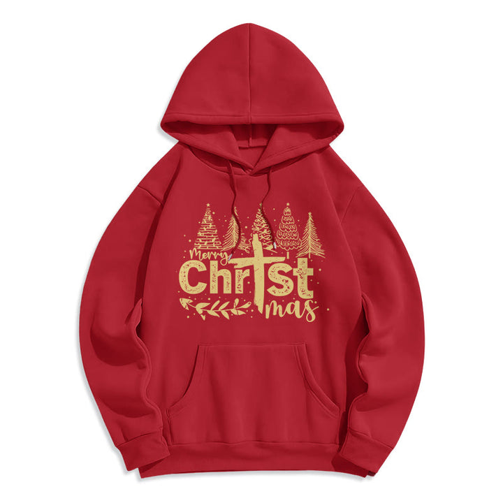 Christianartworkshop Sweat à capuche en polyester doublé polaire avec croix et sapin de Noël - Rouge - 2XL - image 0