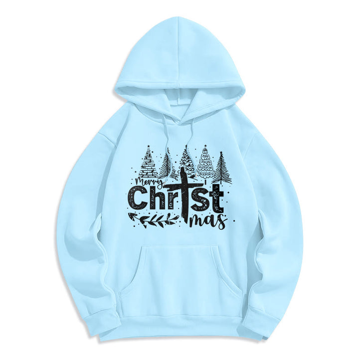 Christianartworkshop Sweat à capuche en polyester doublé polaire avec croix et sapin de Noël - Bleu - 2XL - image 2