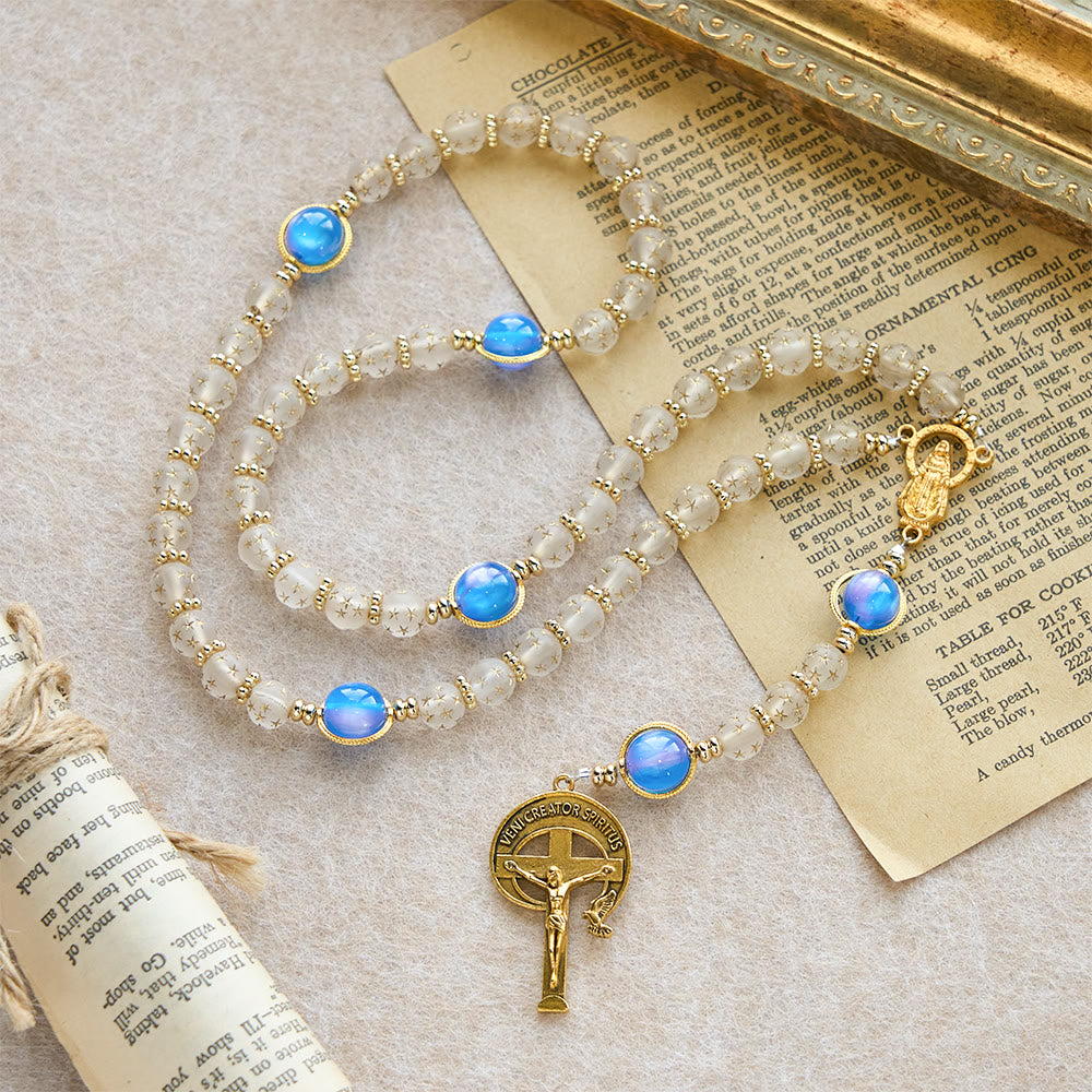Christianartworkshop Chapelet blanc mat étoiles et bleu mer à perles œil de chat : Guide silencieux pour la dévotion quotidienne - Chapelet étoile blanc mat - image 0