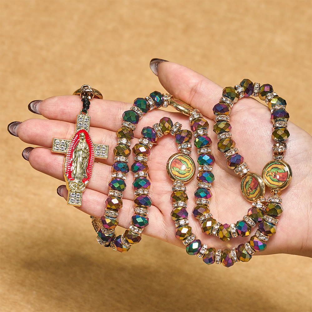 Christianartworkshop Chapelet de perles polyédriques irisées avec croix de Notre-Dame : rappel constant de la grâce - image 1