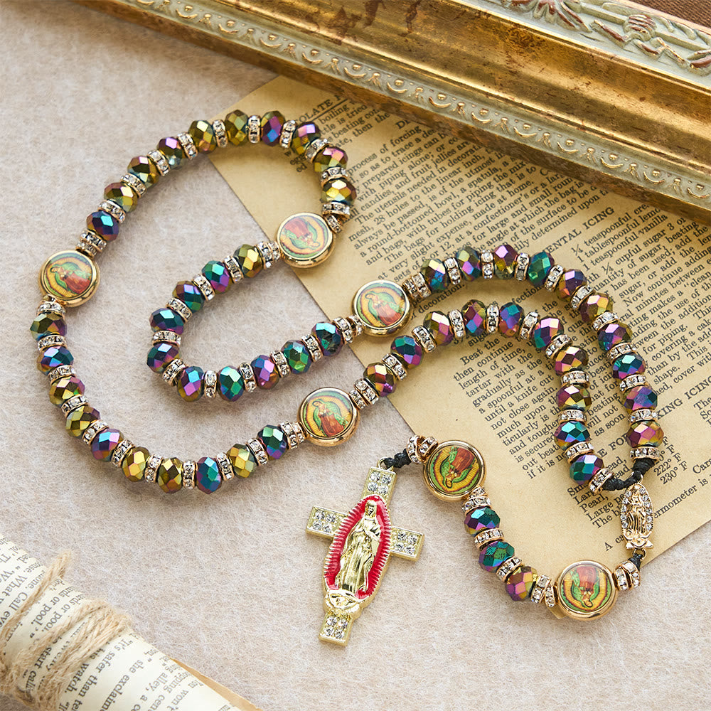Christianartworkshop Chapelet de perles polyédriques irisées avec croix de Notre-Dame : rappel constant de la grâce - Notre-Dame du Rosaire - image 0