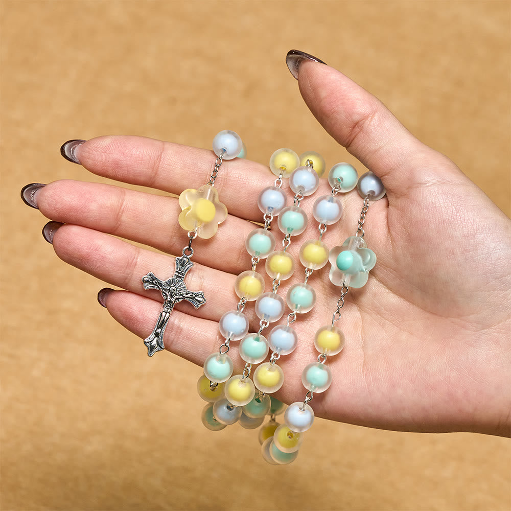 Chapelet de Pâques à motifs floraux pastel avec médaille en forme de cœur de Jésus, collection Christianartworkshop : chapelet de prière pour un cadeau de printemps - image 1
