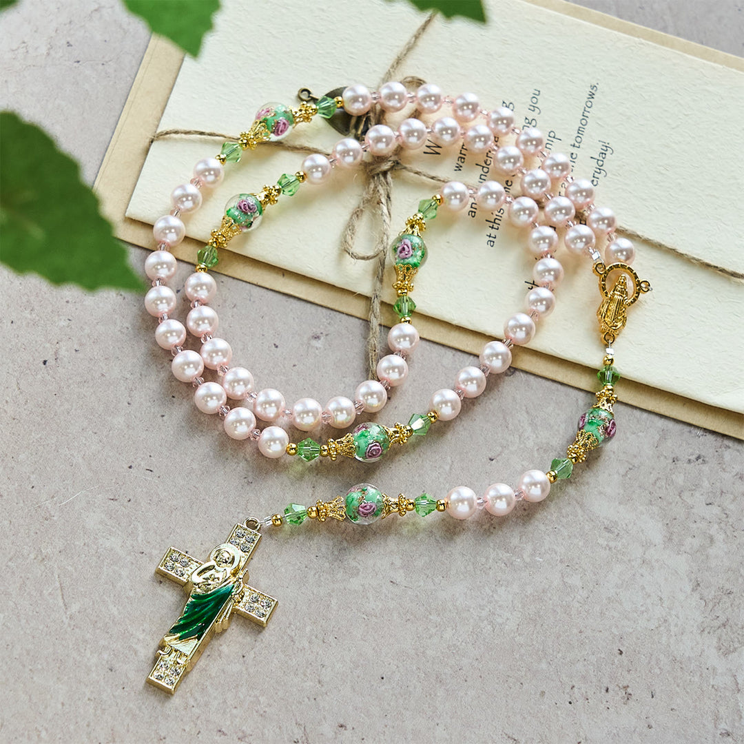 Christianartworkshop Chapelet de dévotion à Saint Jude, perles roses célestes et perles florales de grâce sacrée - Notre-Dame et Saint Jude - image 0