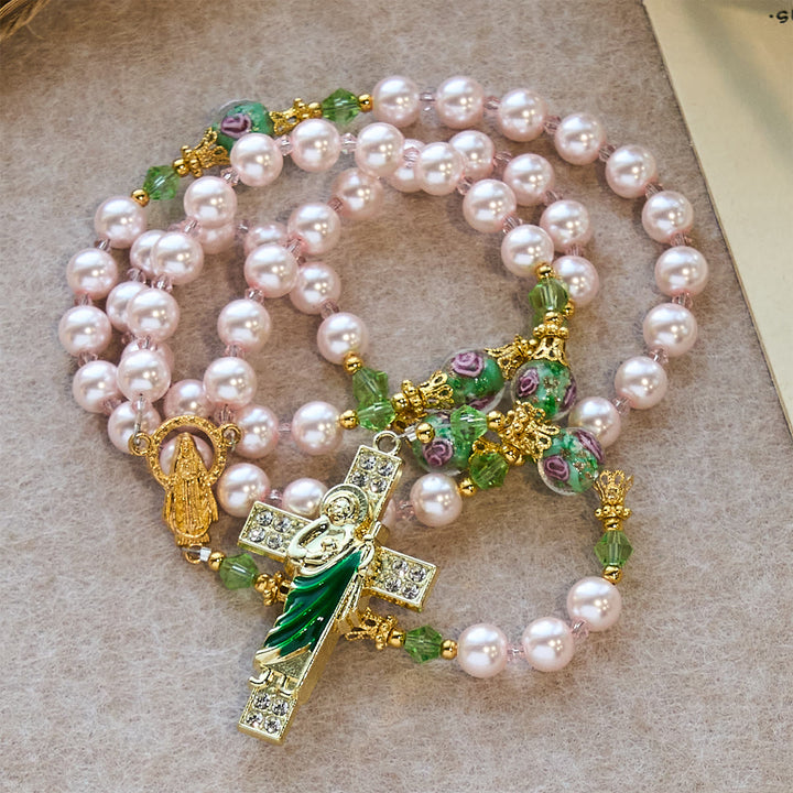 Christianartworkshop Chapelet de dévotion à Saint Jude, perles roses célestes et perles florales de grâce sacrée - image 4