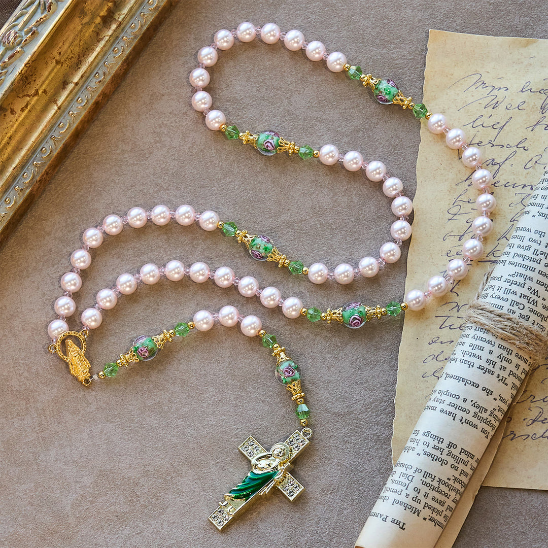 Christianartworkshop Chapelet de dévotion à Saint Jude, perles roses célestes et perles florales de grâce sacrée - image 6